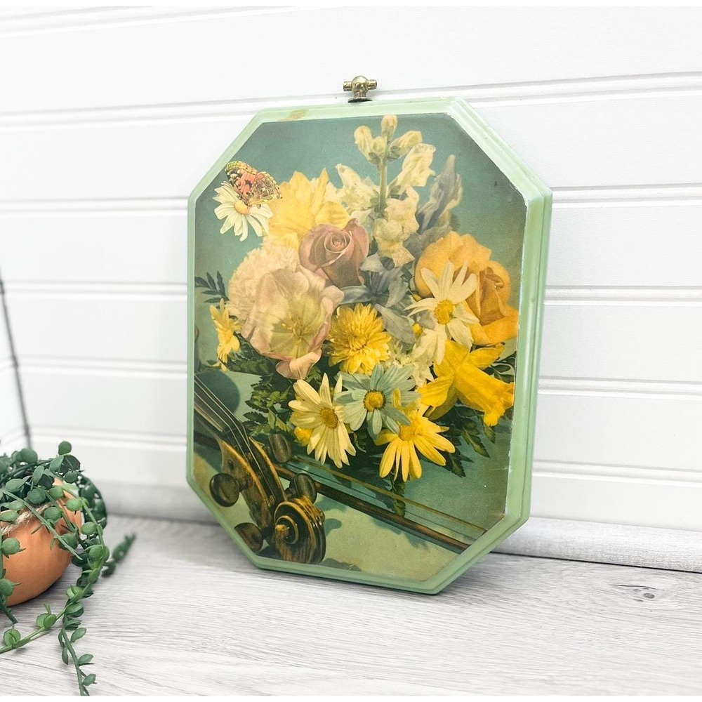 Vintage Floral Print on Green Wood: Violin & Butterfly Art